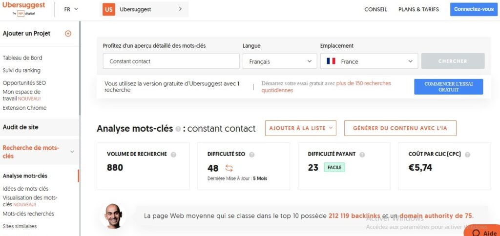 Ubersuggest: Analyses de mot clés