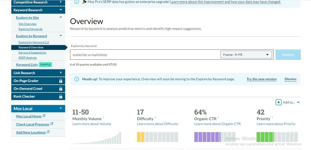 Moz: Recherche de mot clés et volume de recherche 