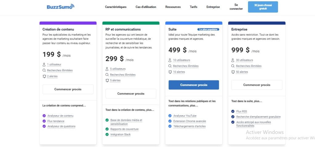 Buzzsumo: Plan tarificafaire