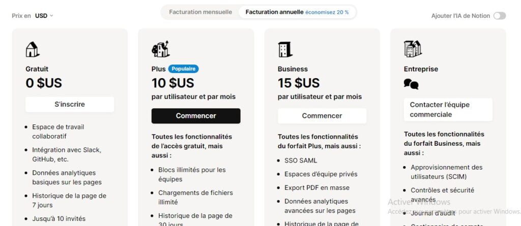 Notion avis :  Tarification et Plans Disponibles