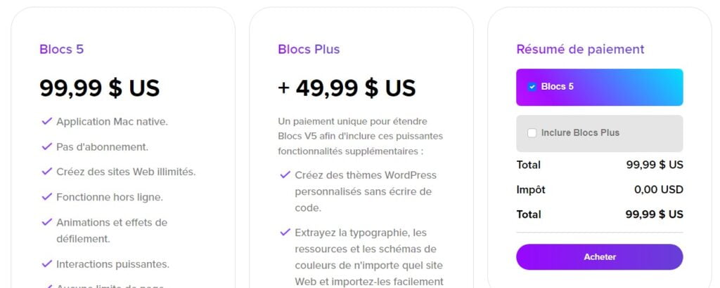 Tarification de BlocsApp