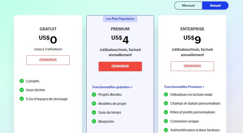 outils de gestion de projet : tarification 