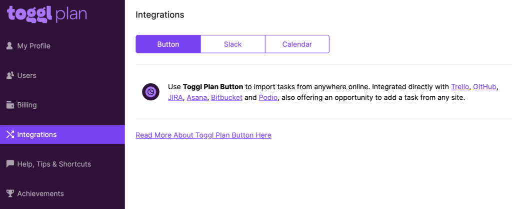 Intégrations Disponibles pour Toggl Plan