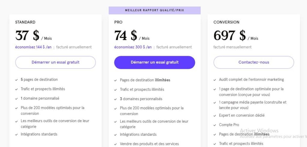 Tarification et Plans Disponibles sur Leadpages